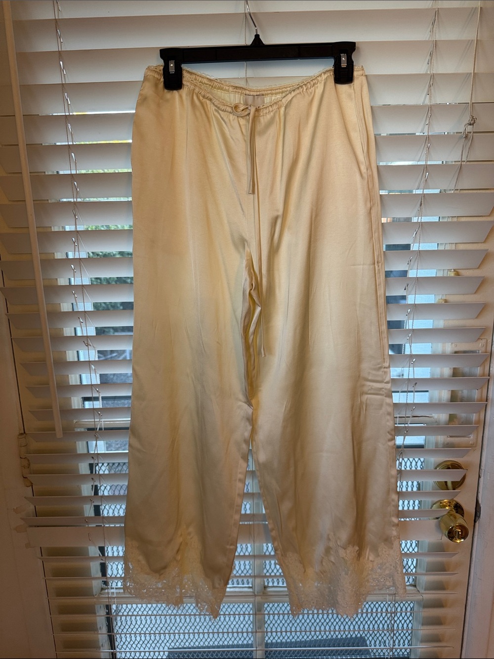 Loucia is the brand name Silk-Feel Cream Lounge Pants with Lace Trim